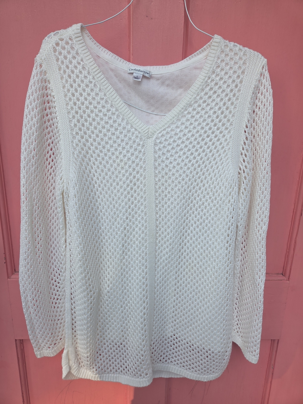 Croft & Barrow Women's V-Neck Open Knit Sweater White Like New